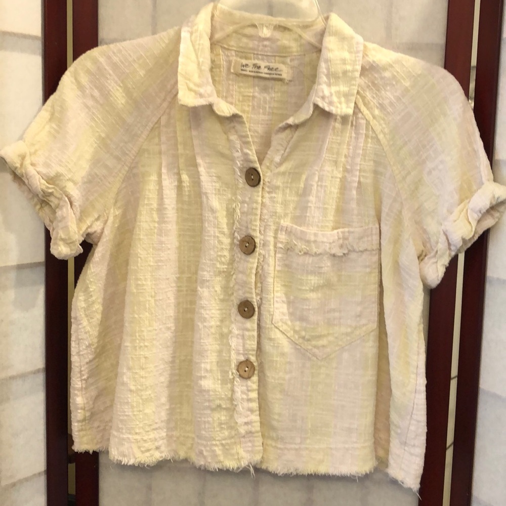 Free People yellow white collared top small